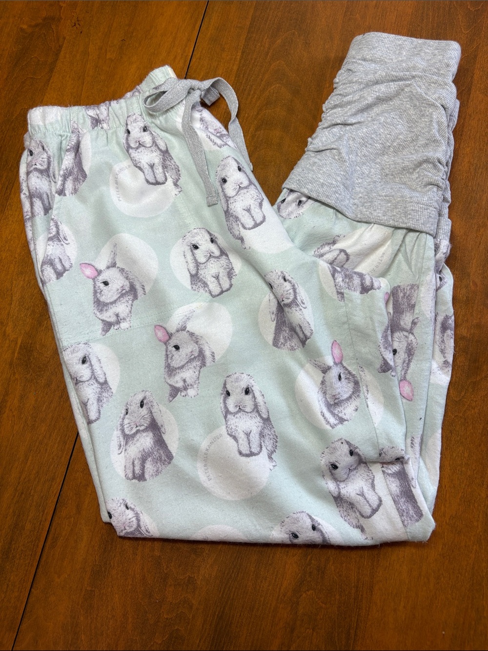 Peter Alexander Mint Bunny Print Pajama Pants with Grey Legwarmer Cuff, M
